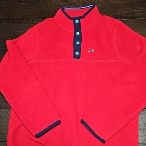 Vineyard Vines Bright Red Snap-Button Quarter Zip Sweater with Navy Trim